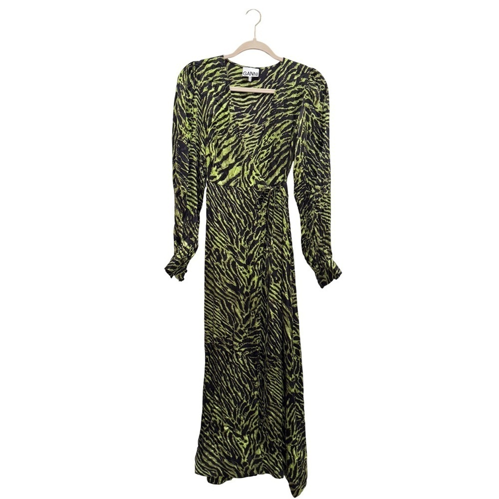 GANNI Stretch Silk Satin Tiger Stripe Wrap Dress Scandi Eclectic Blck Grn 38/6/M - Picture 3 of 15